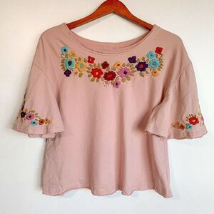 SISTER MARY Floral Embroidered Pink Shirt Top